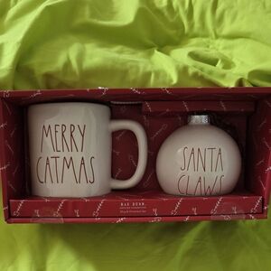 Rae Dunn Merry Catmas Mug and Santa Claws Ornament Set